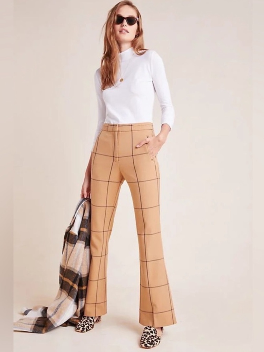 Anthropologie Sable Windowpane Flare Trousers Tan/Black office Size 4